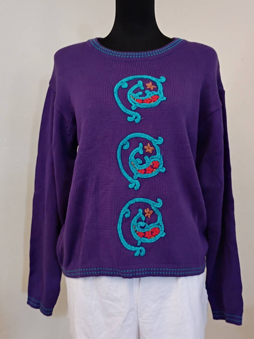 Vintage Purple Embroidered Crewneck Sweater with Turquoise Accents